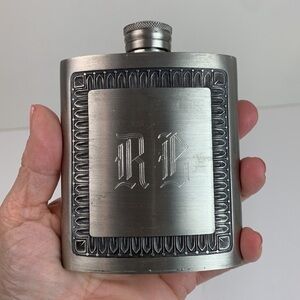 RB Pewter vintage 90s deco engraved weighted pocket flask holds 1/2 cup, clean!